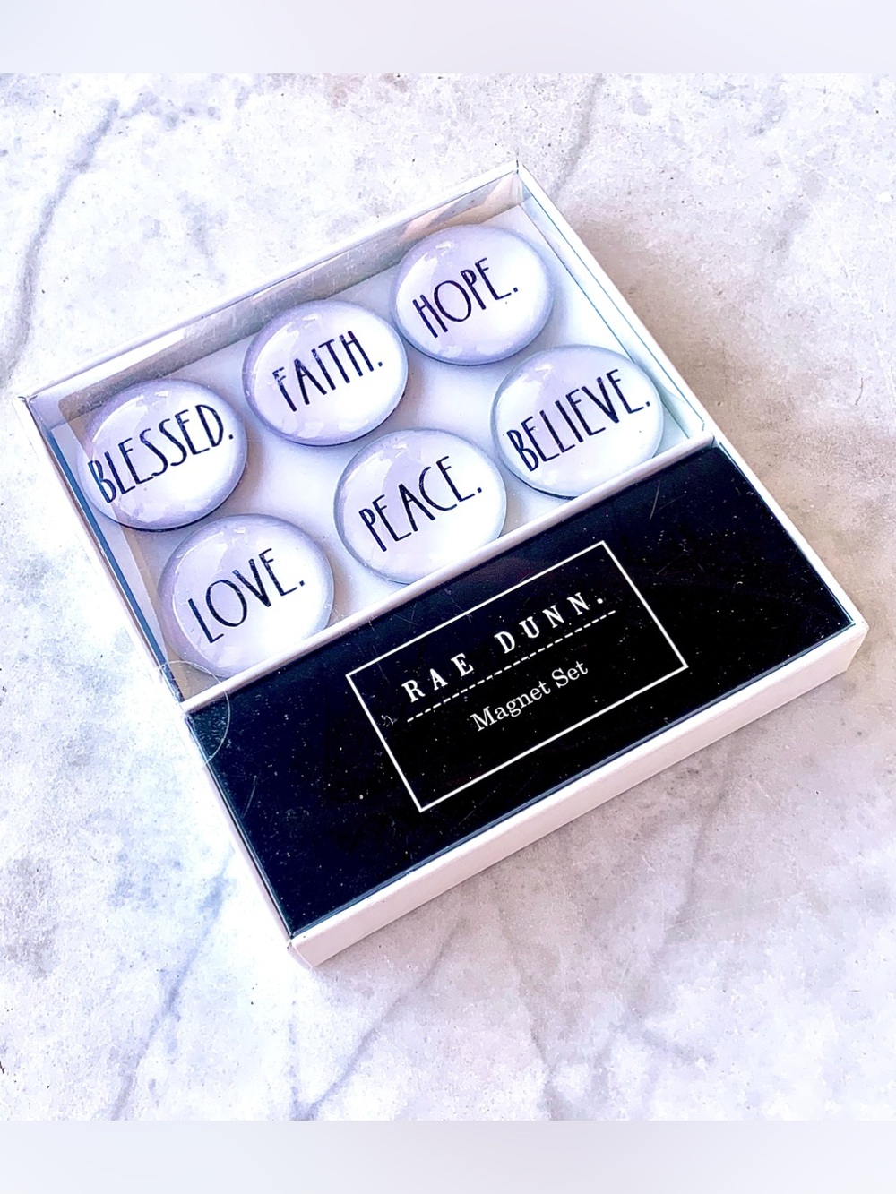 RAE DUNN “BLESSED” MAGNET SET 6 GLASS ROUND DOME NEW WHITE BLACK FAITH HOPE LOVE